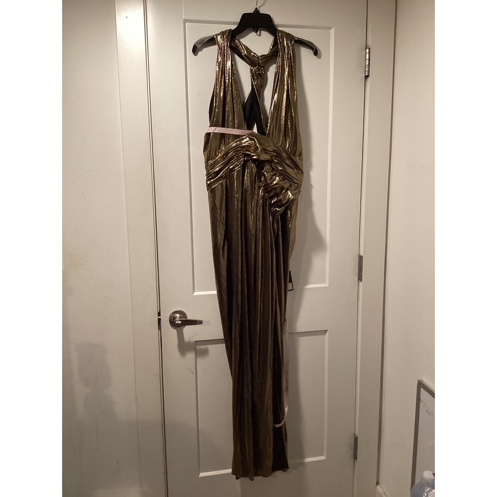 Ieena for Mac Duggal Gold Metallic Halter Gown High Slit Formal Dress 14 - Picture 3 of 11